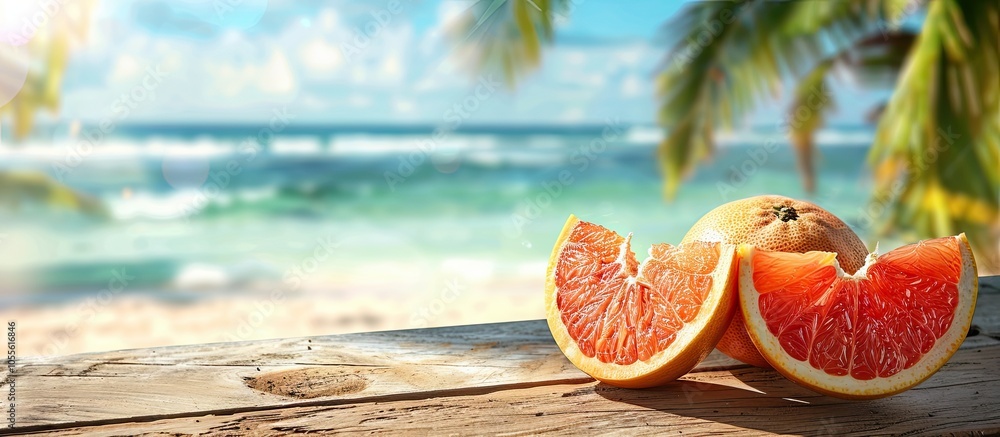 Poster copy space image featuring halved grapefruit on a table against a blurred background of the sea and 