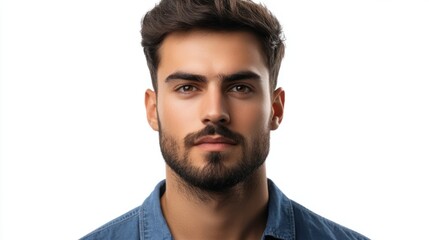 Obraz premium Man with dark hair, trimmed beard, and focused gaze, giving a confident and professional impression, isolated on white