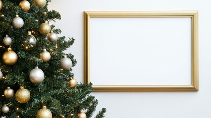 Fototapeta premium Minimalist Scene Featuring a Blank Frame and Festive Tree Decorations