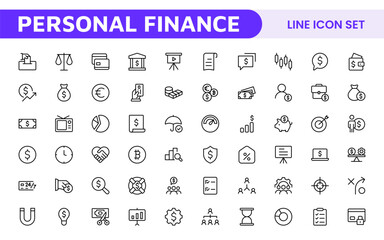 Personal Finance Icon Set. Sleek and intuitive icons for budgeting; saving; and investing; perfect for financial apps; tools; and websites to empower users in managing their money effectively.