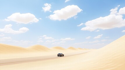 Obraz premium A lone car traverses a vast desert landscape under a bright sky, blending adventure with tranquility.