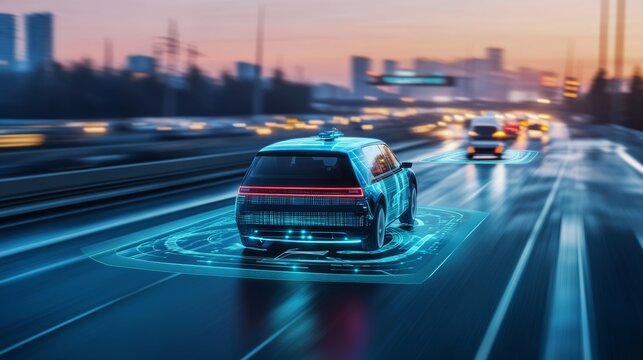 A futuristic car navigates a glowing road at sunset, showcasing advanced technology and autonomous driving capabilities.
