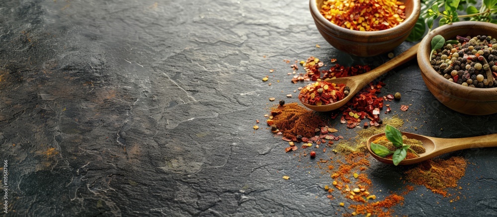 Poster different colored and textured spices arranged on a dark slate surface with wooden spoons and small 