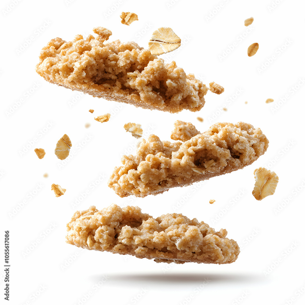 Poster falling oatmeal cookies with rustic crumbly edges isolated on a simple background