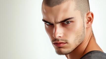 Fototapeta premium Man with shaved head, intense gaze, and stubble, conveying determination and focus, isolated on white