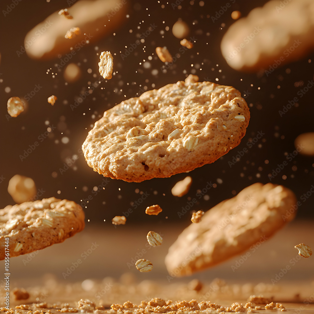 Poster floating oatmeal cookies with uneven edges scattered on a surface