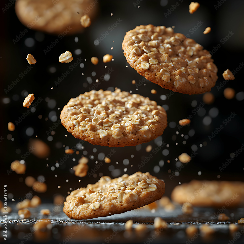 Poster floating oatmeal cookies with uneven edges and scattered arrangement on a rustic surface