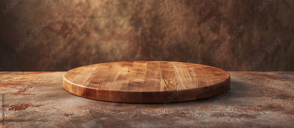 Poster side viewed round wooden cutting board placed on a brown concrete surface with room for text or othe