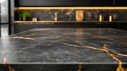 Closeup of black marble countertop with gold veins in a modern kitchen.