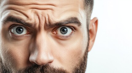 Obraz premium Man with short beard, intense gaze, and slightly raised eyebrows, appearing curious and engaged, isolated on white