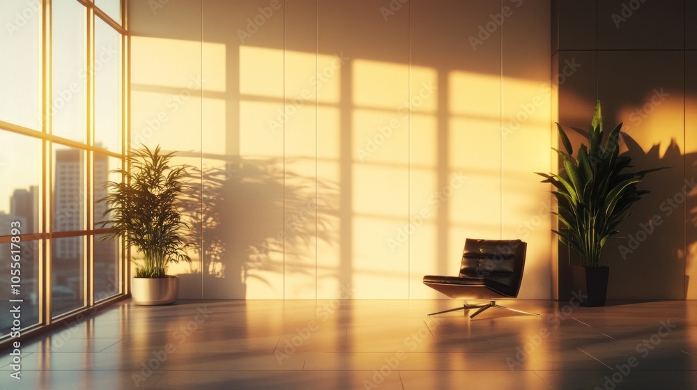Poster blank office wall at sunset, with shadows creating a dynamic backdrop for custom branding or art pre