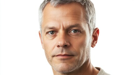 Obraz premium Mature man with deep-set eyes and short gray hair, showing a thoughtful and calm expression, isolated on white
