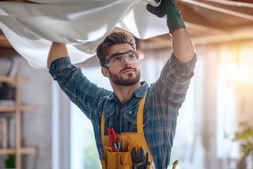 A skilled stretch ceiling installer focuses intently while adjusting ceiling material.