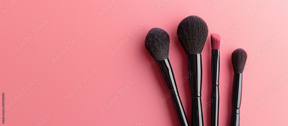 Aufkleber cosmetic brushes arranged neatly on a soft pink background with ample copy space image