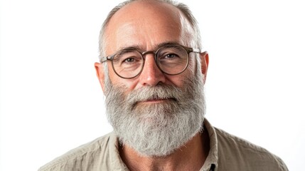 Obraz premium Mature man with neatly trimmed gray beard and glasses, exuding wisdom and calmness, isolated on white