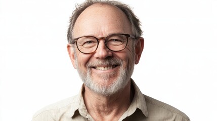 Mature man with glasses, short beard, and warm smile, appearing approachable, isolated on white