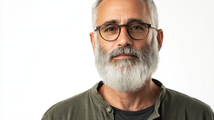 Obraz premium Mature man with neatly trimmed gray beard and glasses, exuding wisdom and calmness, isolated on white