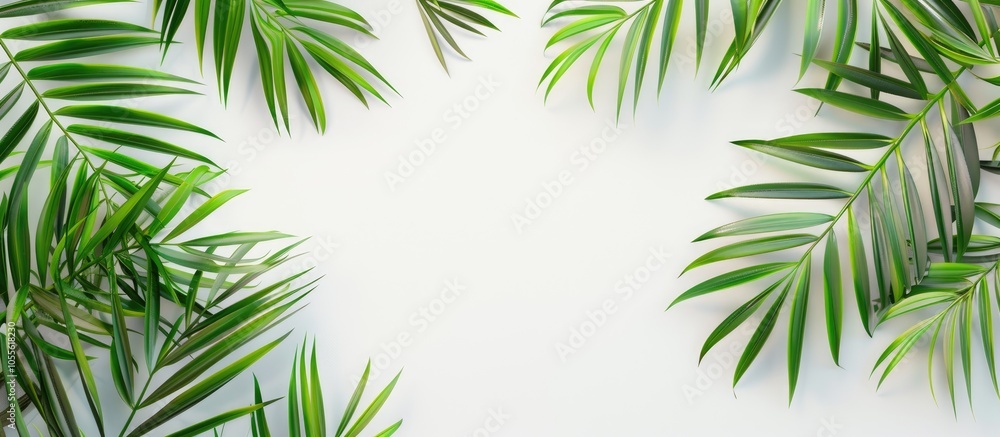 Poster palm branches in green as a top border on a white backdrop with room for copy space image
