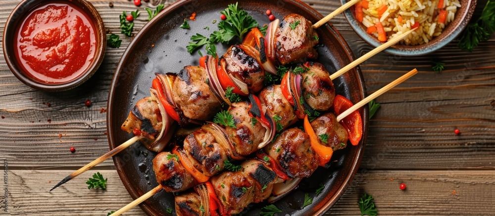 Poster ideal for customization a mouthwatering kebab showcased on a plate from above with generous copy spa