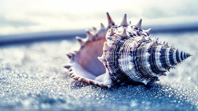 A spiky seashell rests on the sandy beach, glistening in the morning sun