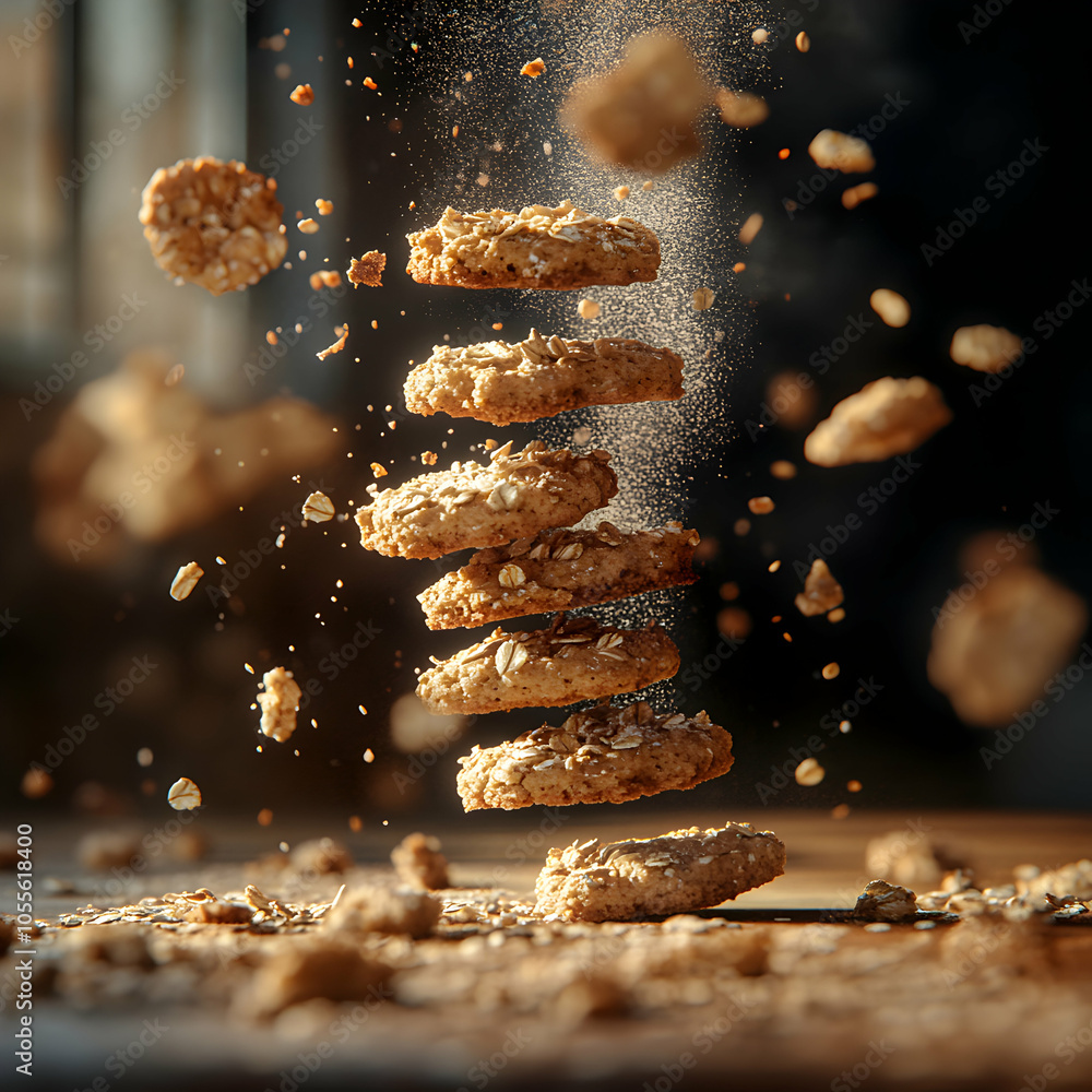 Poster artistic cascade of oatmeal cookies falling in motion with dust particles in a soft focus background