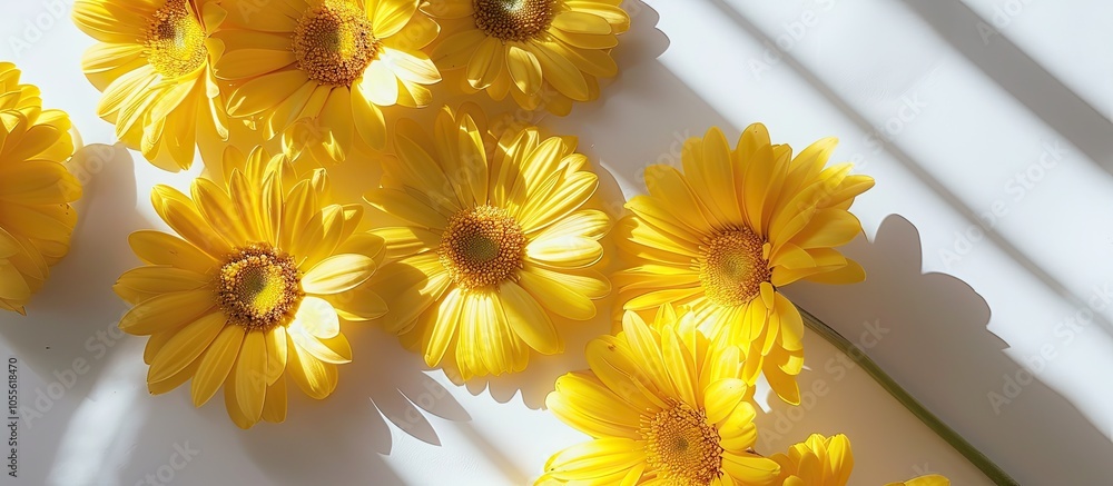 Poster yellow gerbera flowers arranged on a white surface casting distinct shadows captured from above with