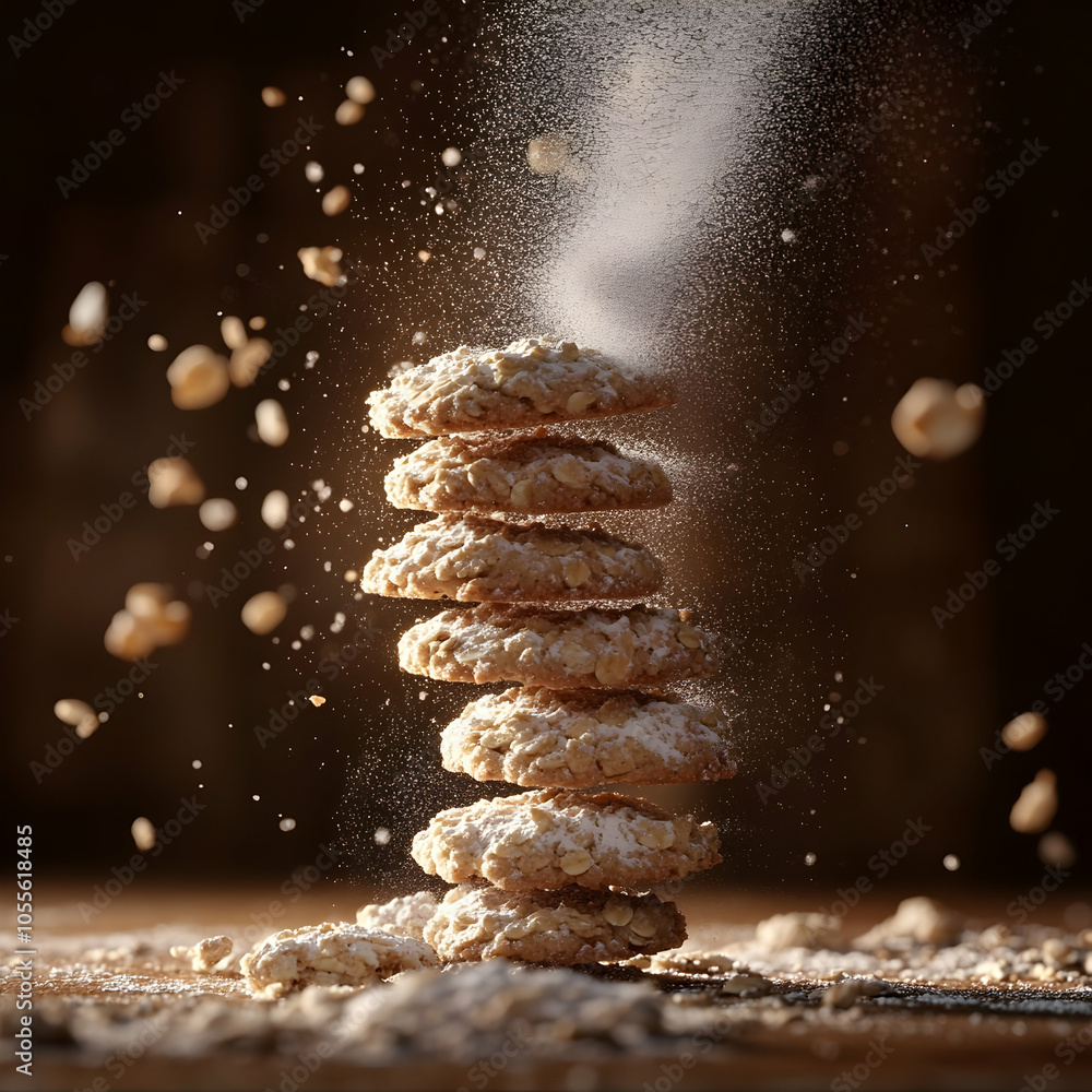 Poster artistic cascade of oatmeal cookies falling in motion against a soft background