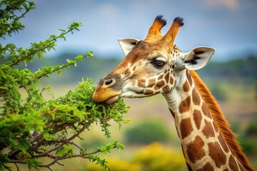 Obraz premium Close-up of a giraffe eating leaves from an acacia tree on a savanna, Africa, tall grass, greenery, sun-drenched