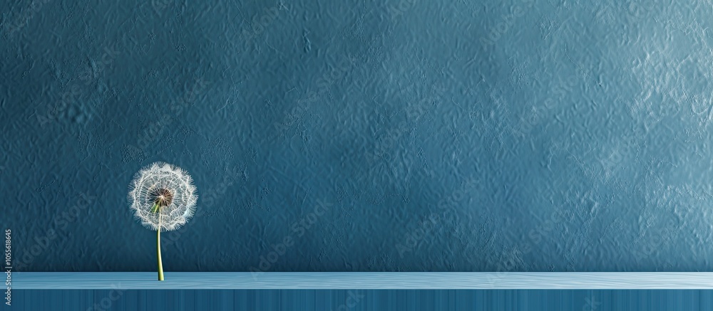 Poster a dandelion is placed on a blue table with a blue wall in the background creating a serene copy spac