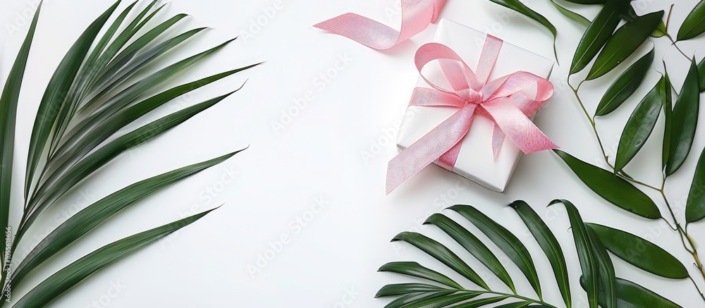 Poster a lovely arrangement with a pink ribbon gift box and palm leaves on a white backdrop seen from above