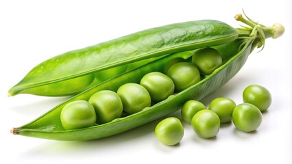 Fresh green pea pod with beans isolated on white background