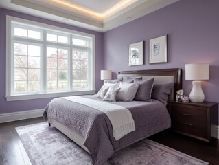 Pastel purple walls with gray bedding and dark wood accents create a clean, modern look