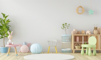 A minimalist nursery with a white wall. wooden furniture. and colorful decorations The room is decorated with a rug. toys. and plants