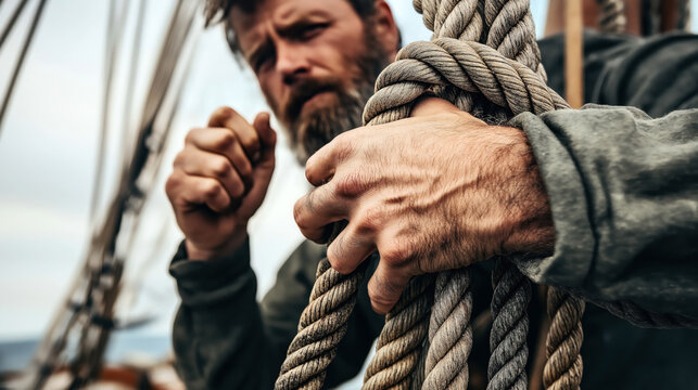 Close-up of a man holding thick ropes on a sailing ship, showing rough hands and focusing on maritime activities.