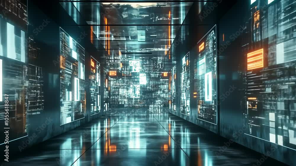 Aufkleber a futuristic hallway with glowing screens displaying data and code