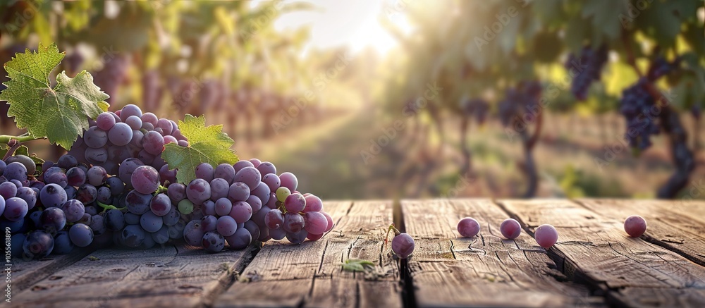 Aufkleber blurry grape field background in daylight under a wooden tabletop ideal for showcasing products or d
