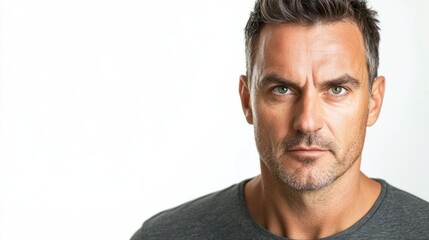 Obraz premium Middle-aged man with short hair and serious expression, conveying focus and determination, isolated on white