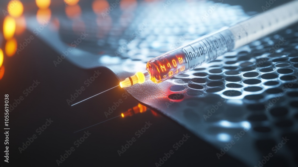 Poster a syringe is placed on a textured surface, softly illuminated to highlight its details. the environm