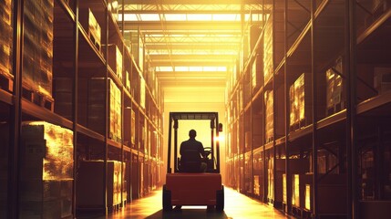 Worker driving forklift on shelves in large warehouse, back view