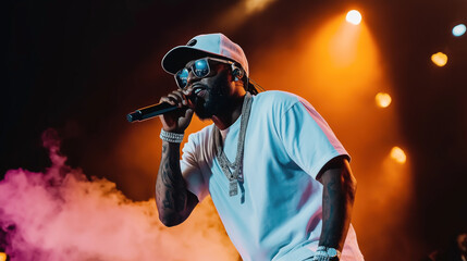 Rapper performing live on stage wearing a white t-shirt and cap, holding a microphone with stage lights and colorful smoke in the background.