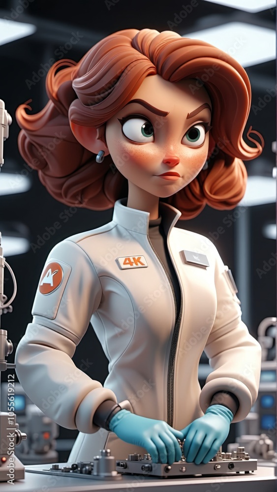 Poster futuristic female engineer in lab setting with advanced technology and robotics focus