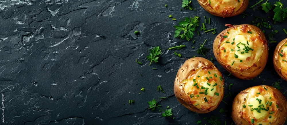 Poster cheesy herb infused jacket potatoes with melted butter on a dark backdrop viewed from above with spa
