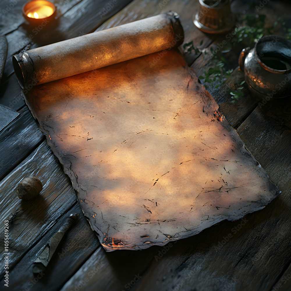 Poster blank scroll with faded ink patterns on edges, floating against a soft background