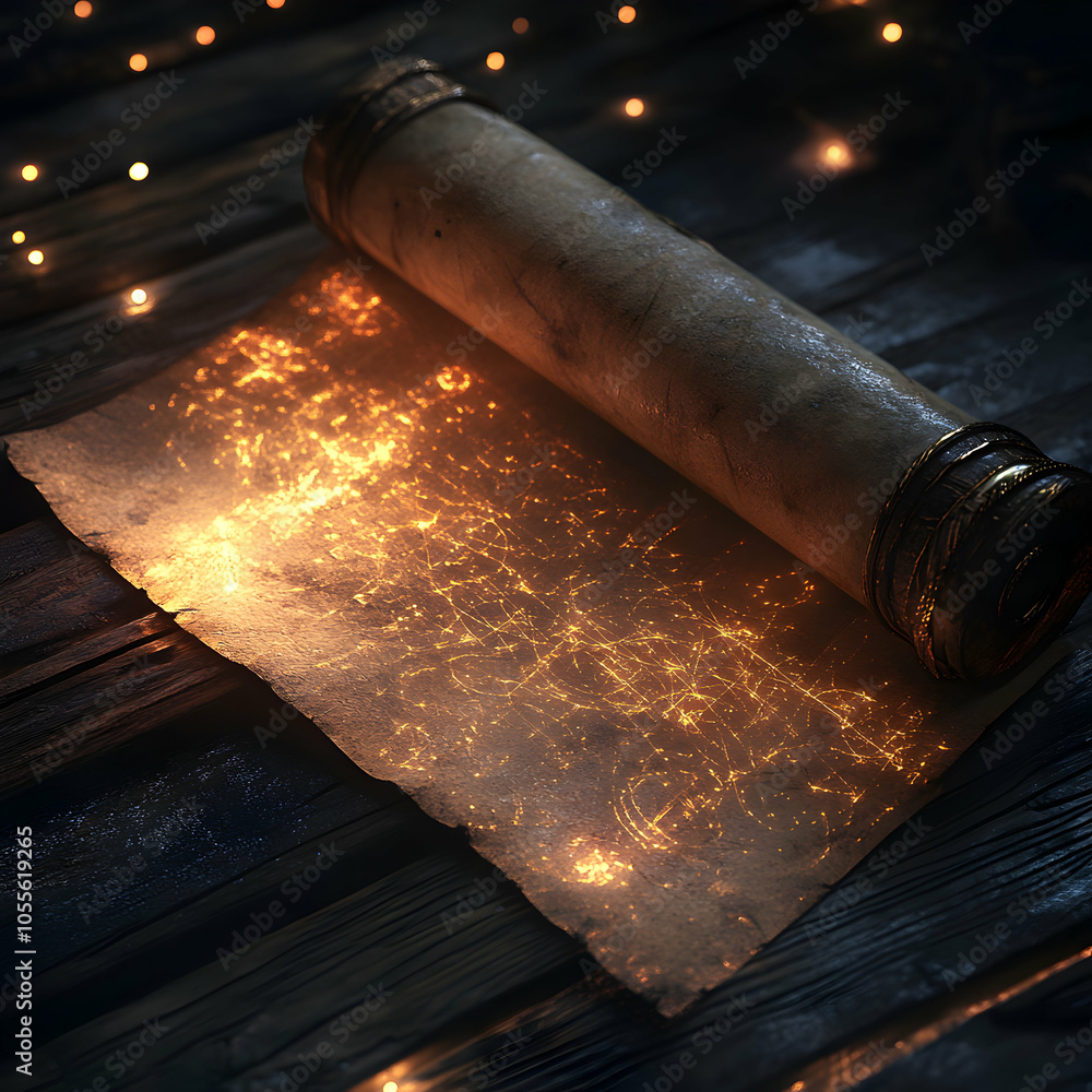 Poster blank scroll with faded ink patterns on edges, floating in soft light