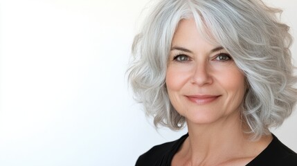 Naklejka premium Middle-aged woman with silver hair, soft smile, and gentle gaze, appearing approachable, isolated on white
