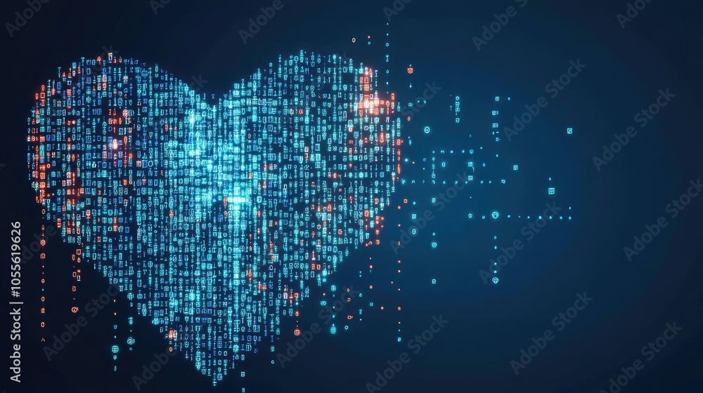 Poster heart-shaped circuit design with glowing colors on dark background, symbolizing technology and conne