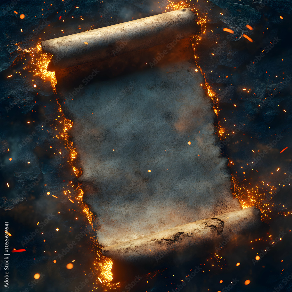 Poster ancient worn scroll surrounded by textured paper on a rustic wooden surface