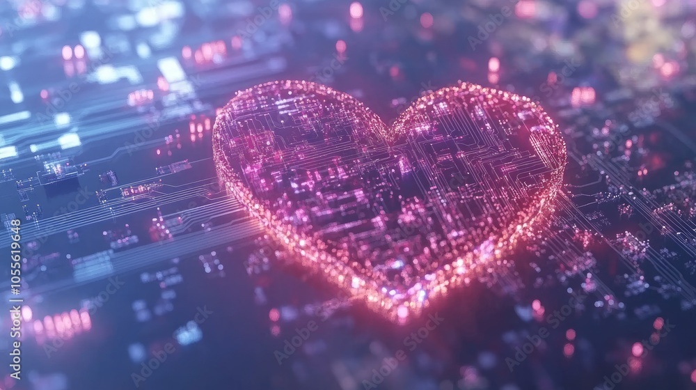 Poster heart-shaped circuit design with glowing colors on dark background, symbolizing technology and conne