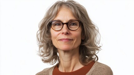 Obraz premium Middle-aged woman with thoughtful expression, wearing glasses, and soft smile, conveying wisdom, isolated on white