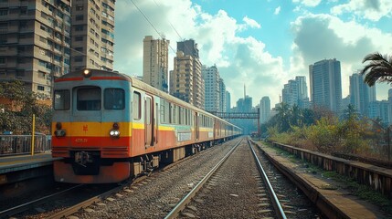 Naklejka premium A Red and Blue Train Pulling Out of a City Station